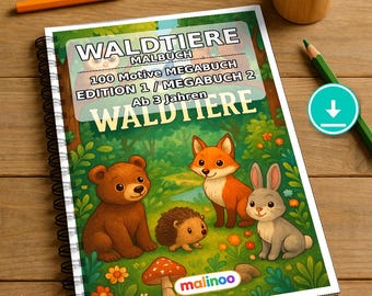 Waldtiere Malbuch Kinder – 100 Ausmalbilder – PDF Download E1/B2 (DIN-A4) – Geschenk, Beschäftigung, Adventskalender, Geburtstag