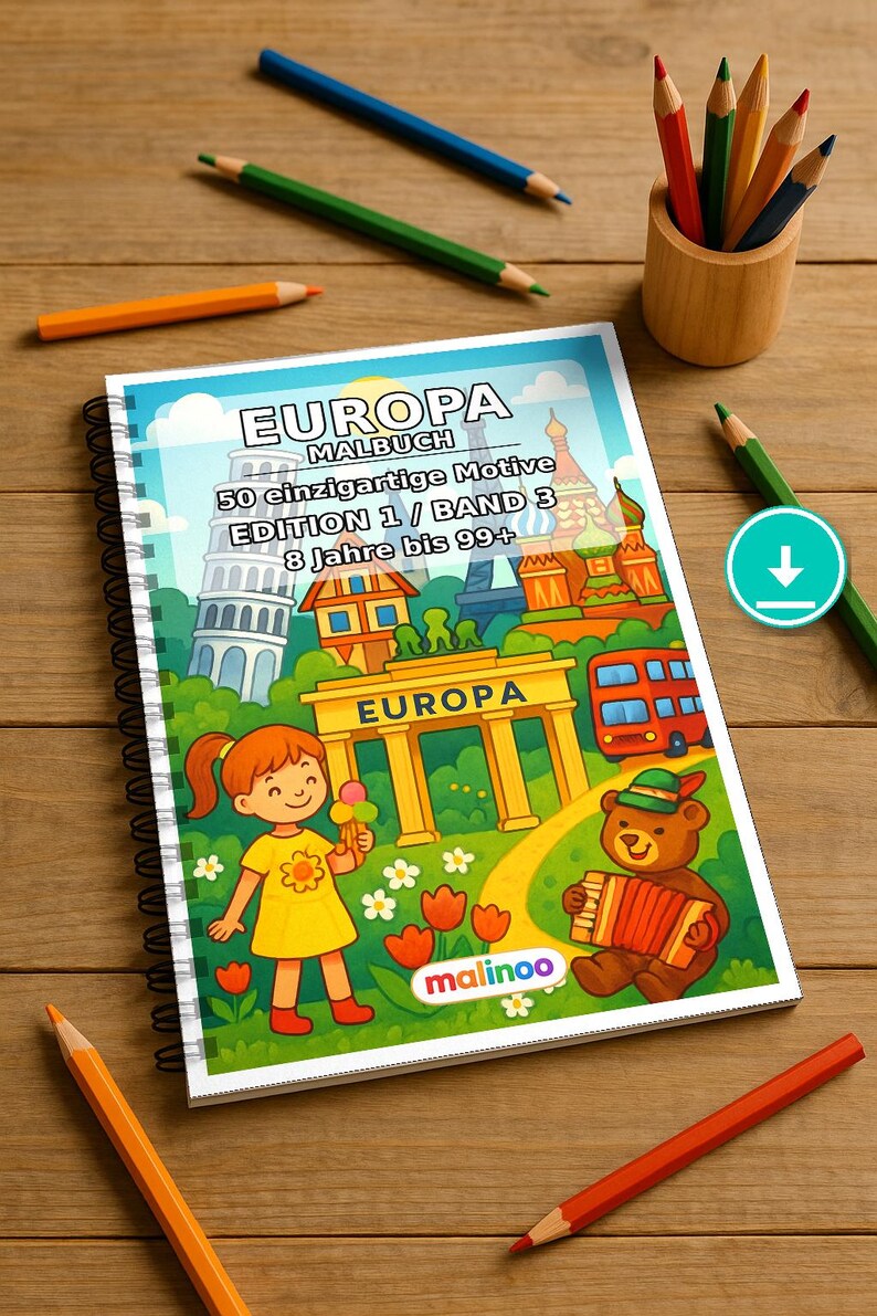 Livro de colorir Europa para crianças – 50 páginas para colorir – Download em PDF E1/B3 (DIN-A4) – Presente, atividade de viagem, aniversário, atividade imagem 1