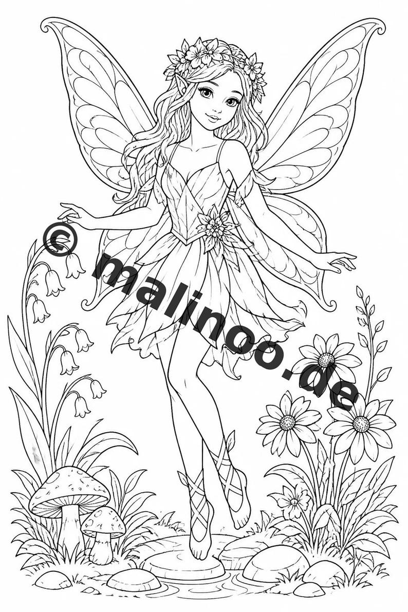 Fairy Coloring Book for Children – 50 Coloring Pages – PDF Download E1/B1 (DIN-A4) – Gift, Travel Activity, Birthday, Activity image 3