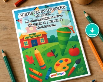 May include: A coloring book titled MEINE EINSCHULUNG MALBUCH with 20 einzigartige Motive EDITION 4 / BUCH 3 Ab 6 Jahren. The cover features a school building, a green cone, an apple, a pencil, and a paint palette with colored pencils.