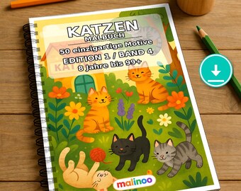Målarbok med katter i PDF-format, ladda ner digitalt – 50 målarbilder för barn – Volym 4 Utgåva 1 (DIN-A4)