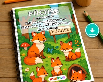 Füchse Malbuch Kinder – 100 Ausmalbilder – PDF Download E1/B2 (DIN-A4) – Geschenk, Beschäftigung, Adventskalender, Geburtstag