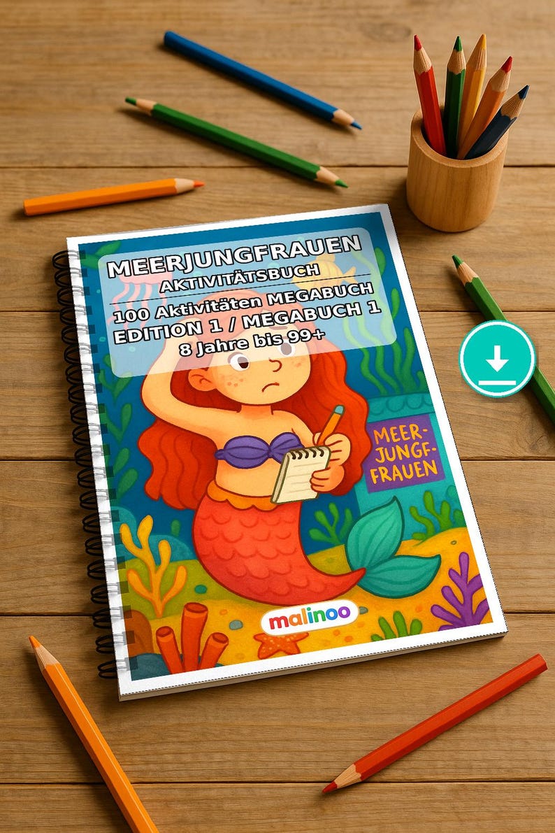 子供向けマーメイドアクティビティブック – パズルとアクティビティページ100ページ – PDFダウンロード E1/B1 (DIN-A4) – ギフト、アクティビティ 画像 1