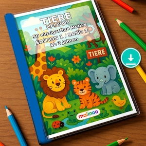 Op de afbeelding: Een kleurboek getiteld TIERE MALBUCH met de tekst 50 einzigartige Motive EDITION 1 / BAND 2 Ab 3 Jahren en het malinoo-logo. De kaft toont een getekende leeuw, tijger, olifant en kikker in een jungle-omgeving met kleurpotloden erbij.