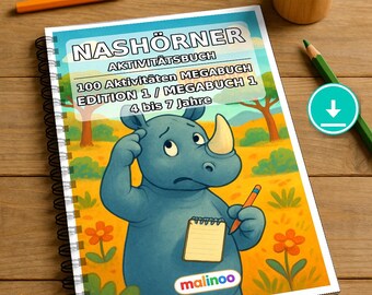 Rhinoceros Activity Book for Children – 100 Puzzle and Activity Pages – PDF Download E1/B1 (DIN-A4) – Gift, Activity, Advent Calendar