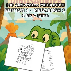Libro de actividades de dinosaurios para niños – 100 páginas de rompecabezas y actividades – Impreso + hojas sueltas E1/B1 (DIN A4) – Regalo, Actividad imagen 2