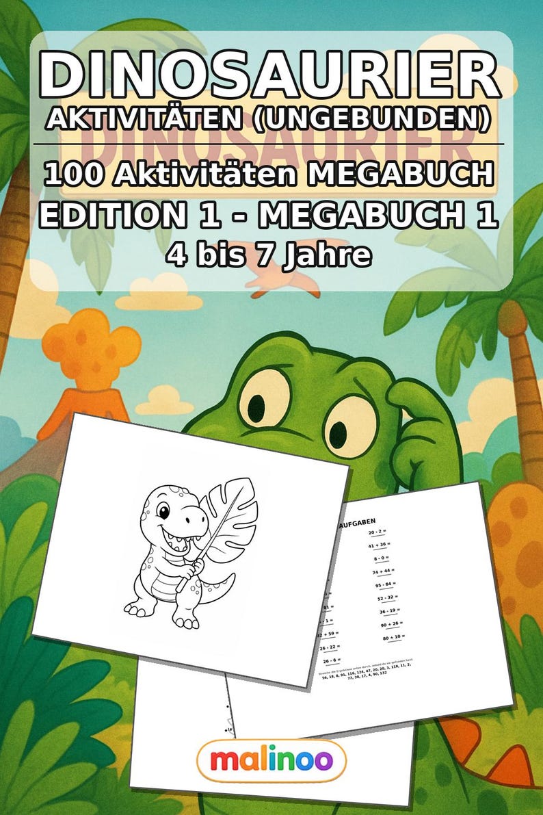 Libro de actividades de dinosaurios para niños – 100 páginas de rompecabezas y actividades – Impreso + hojas sueltas E1/B1 (DIN A4) – Regalo, Actividad imagen 2