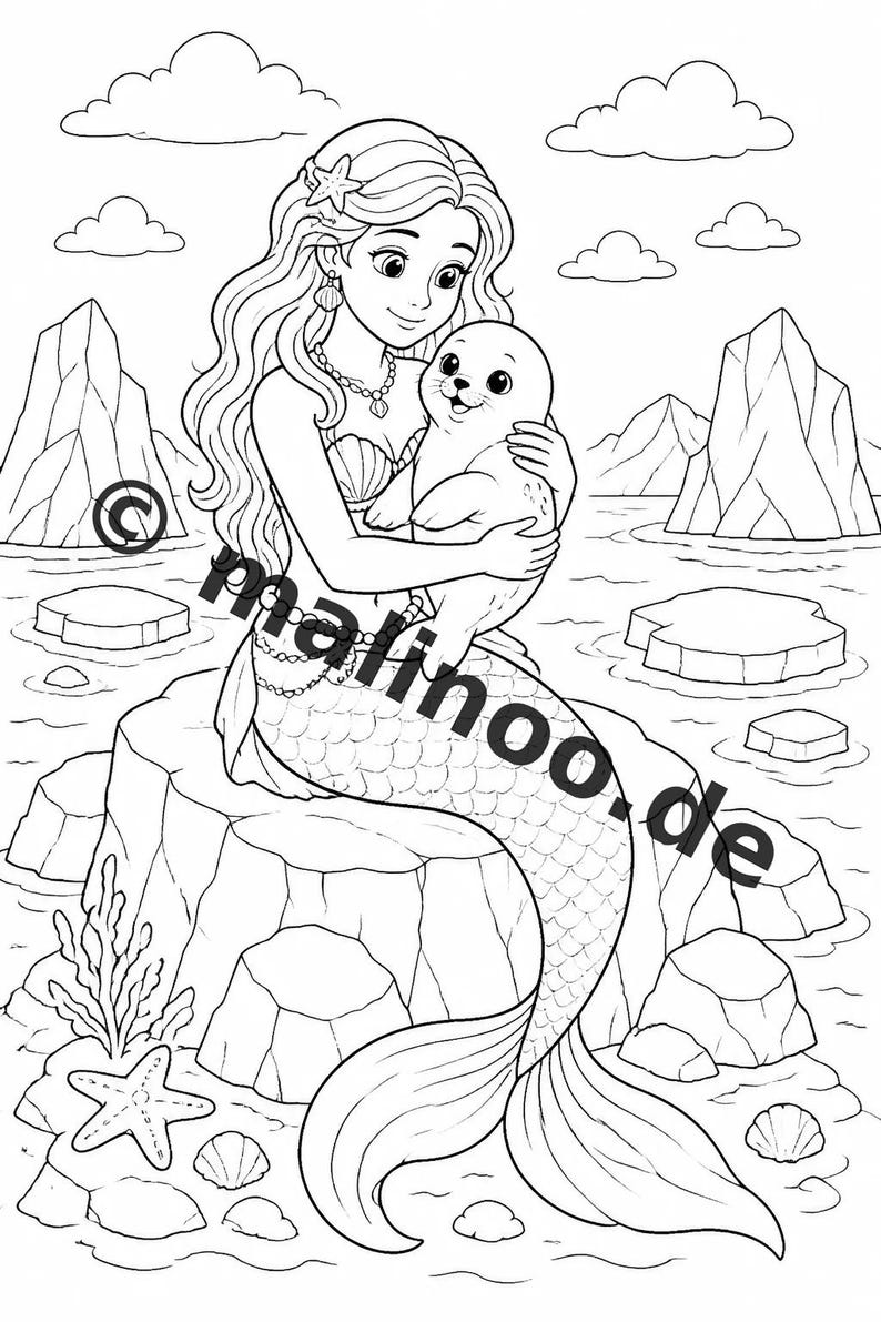 Meerjungfrauen Malbuch Kinder – 100 Ausmalbilder – PDF Download E1/B5 (DIN-A4) – Geschenk, Beschäftigung, Adventskalender, Geburtstag Bild 4