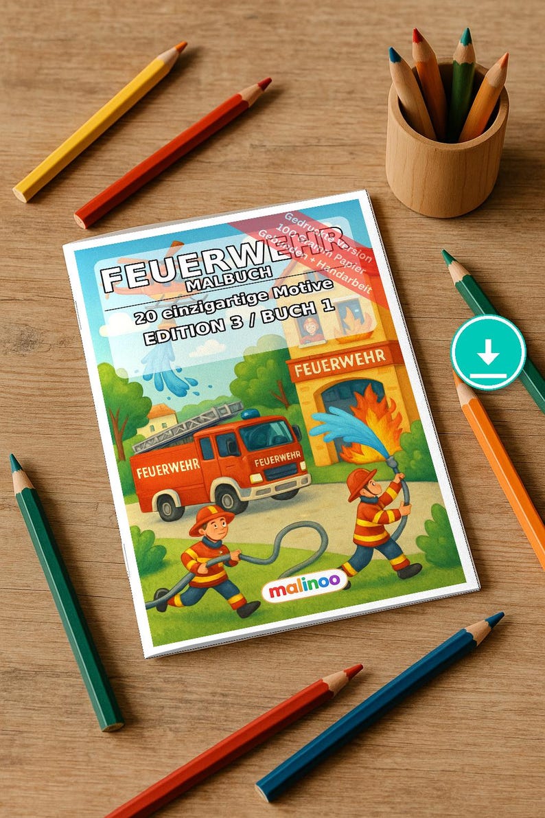 Livre de coloriage de pompiers à télécharger en format PDF – 20 pages à colorier pour enfants – Livre 01, Édition 1 (DIN-A4) image 1