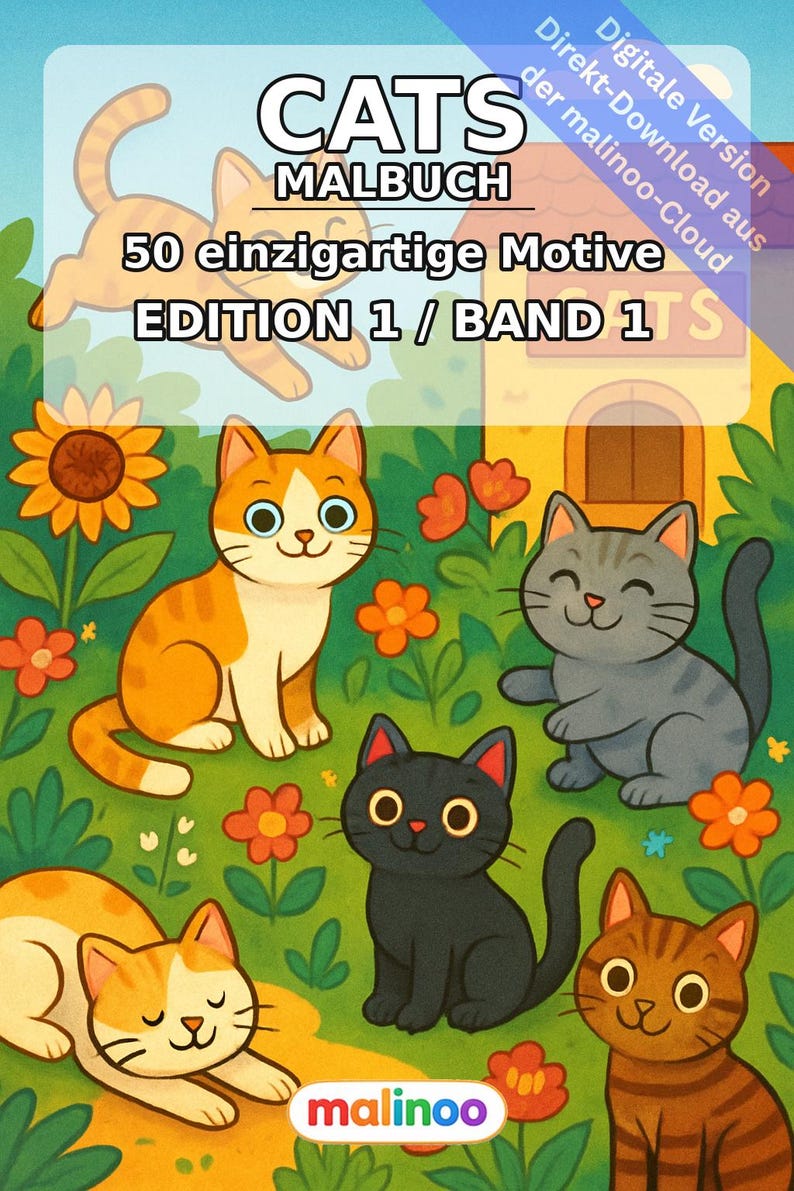 Katzen Malbuch Kinder – 50 Ausmalbilder – PDF Download E1/B1 (DIN-A4) – Geschenk, Reisebeschäftigung, Geburtstag, Beschäftigung Bild 2