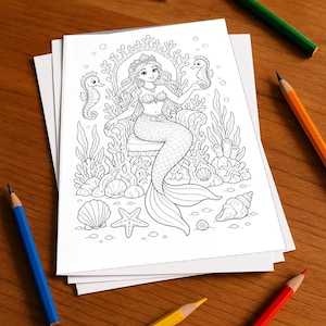 Meerjungfrauen Malbuch Kinder – 100 Ausmalbilder – gedruckt+lose E1/B1 (DIN-A4) – Geschenk, Beschäftigung, Adventskalender, Geburtstag Bild 1