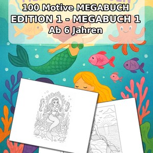 Meerjungfrauen Malbuch Kinder – 100 Ausmalbilder – gedruckt+lose E1/B1 (DIN-A4) – Geschenk, Beschäftigung, Adventskalender, Geburtstag Bild 2