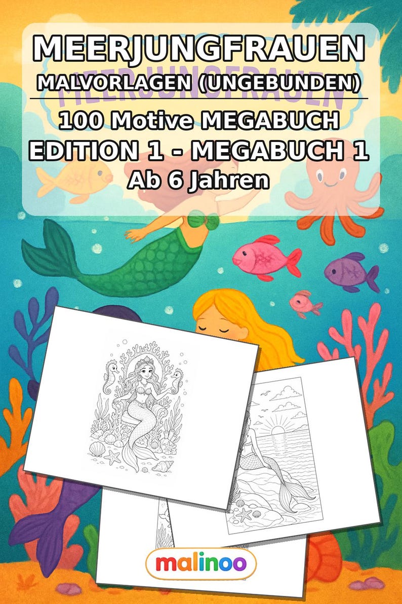 Meerjungfrauen Malbuch Kinder – 100 Ausmalbilder – gedruckt+lose E1/B1 (DIN-A4) – Geschenk, Beschäftigung, Adventskalender, Geburtstag Bild 2