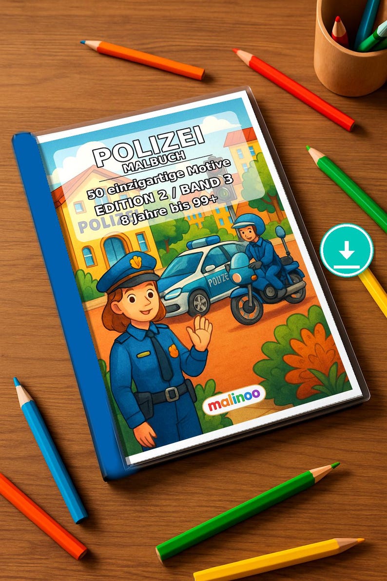 Livre de coloriage Police pour enfants – 50 pages à colorier – Téléchargement PDF E1/B3 (DIN-A4) – Cadeau, activité de voyage, anniversaire, loisirs image 1