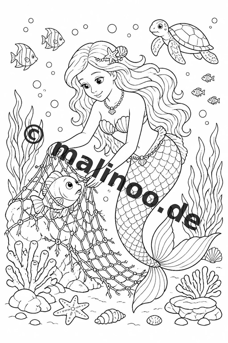 Libro da colorare di sirene per bambini – 100 pagine da colorare – Download PDF E1/B2 (DIN-A4) – Regalo, Attività, Calendario dell'Avvento, Compleanno immagine 5