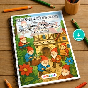 Heinzelmännchen Malbuch Kinder – 100 Ausmalbilder – PDF Download E1/B1 (DIN-A4) – Geschenk, Beschäftigung, Adventskalender, Geburtstag Bild 1