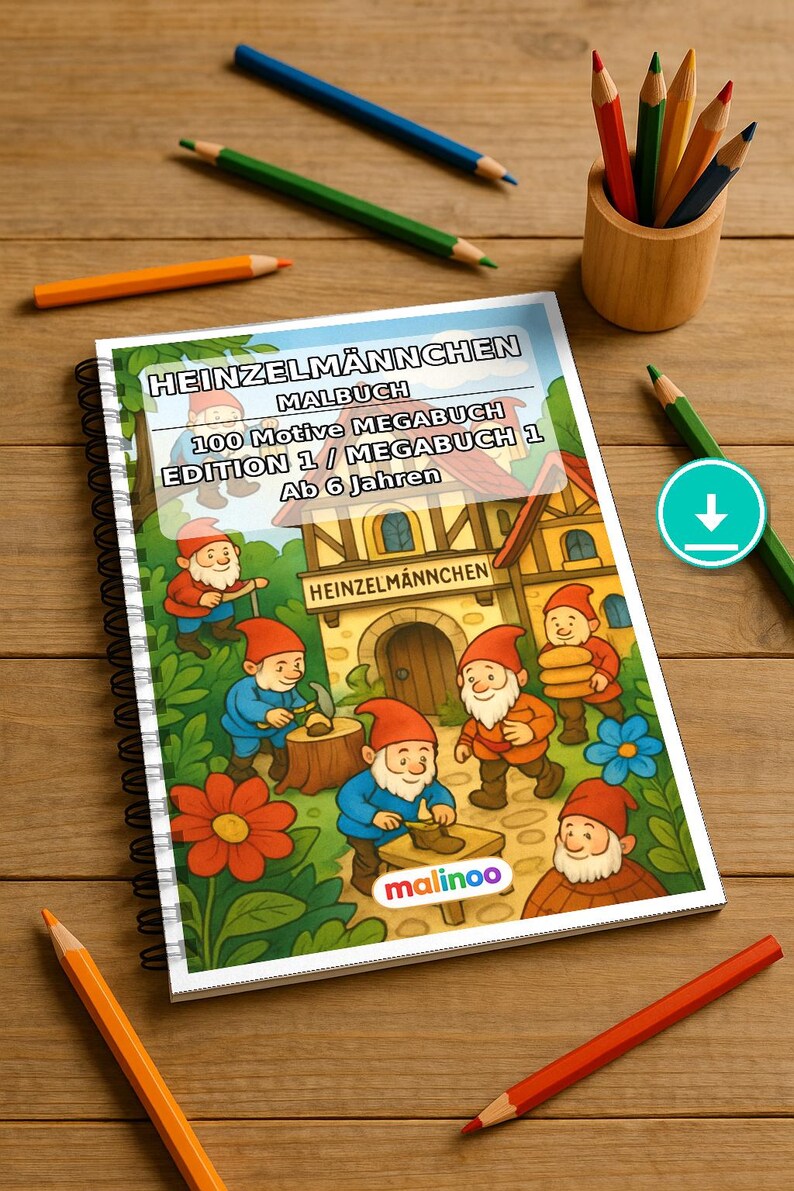 Heinzelmännchen Malbuch Kinder – 100 Ausmalbilder – PDF Download E1/B1 (DIN-A4) – Geschenk, Beschäftigung, Adventskalender, Geburtstag Bild 1