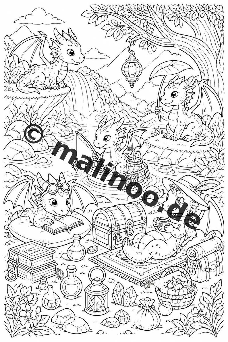 Drachen Malbuch Kinder – 100 Ausmalbilder – PDF Download E1/B1 (DIN-A4) – Geschenk, Beschäftigung, Adventskalender, Geburtstag Bild 4