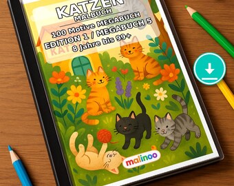 Livre de coloriage de chats pour enfants – 100 pages à colorier – Téléchargement PDF E1/B5 (DIN-A4) – Cadeau, activité, calendrier de l'Avent, anniversaire