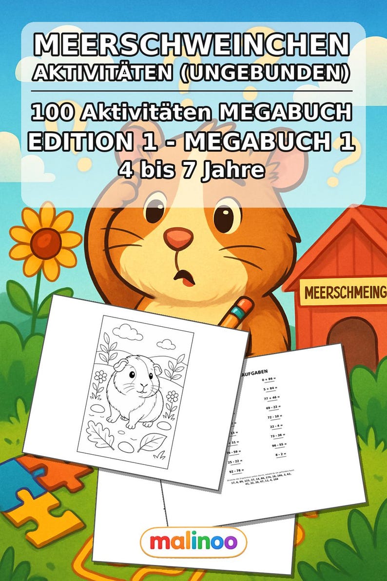 Activiteitenboek met cavia's voor kinderen – 100 puzzel- en activiteitenpagina's – Gedrukt + losse pagina's E1/B1 (DIN A4) – Cadeau, Activiteitenboek afbeelding 2