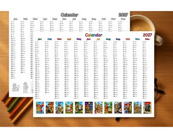 Calendario de cómics de bomberos 2027 para imprimir, colorear y con dibujos a color, descarga en PDF.