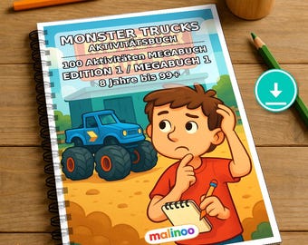 Livre d'activités Monster Trucks pour enfants – 100 pages de jeux et d'activités – Téléchargement PDF E1/B1 (DIN-A4) – Cadeau, Activités