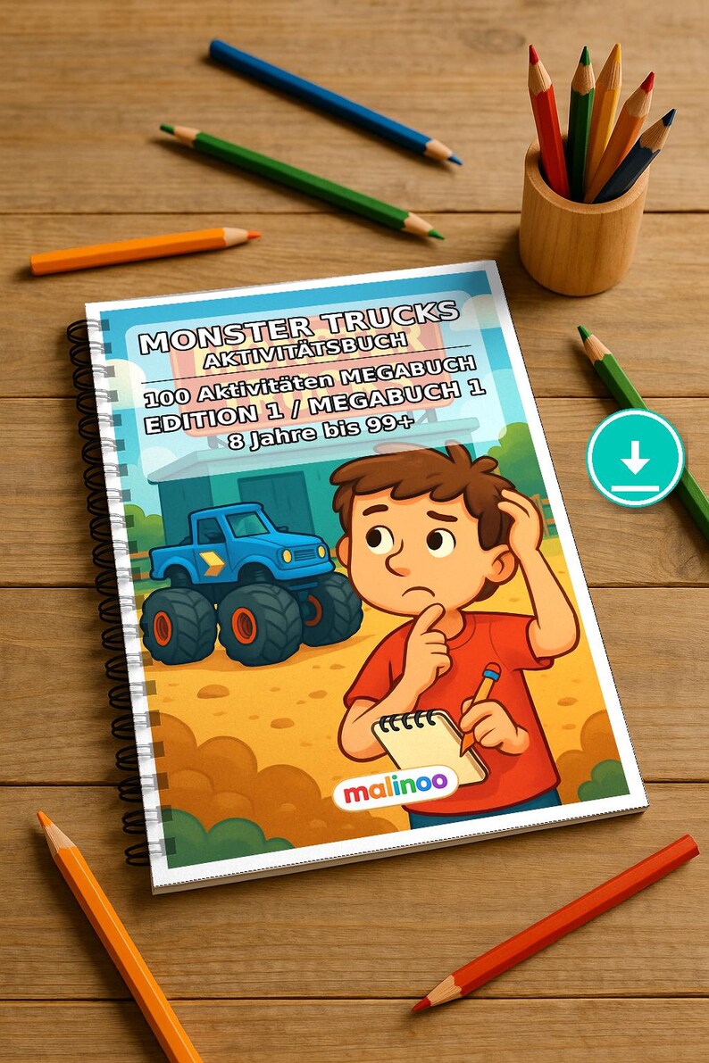 Monster Trucks Activiteitenboek voor Kinderen – 100 Puzzel- en Activiteitenpagina's – PDF Download E1/B1 (DIN-A4) – Cadeau, Activiteitenboek afbeelding 1