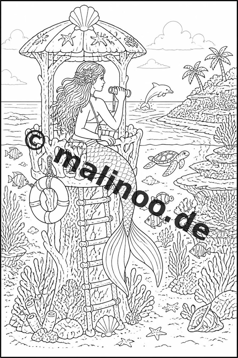 Libro da colorare di sirene per bambini – 100 pagine da colorare – Download PDF E1/B2 (DIN-A4) – Regalo, Attività, Calendario dell'Avvento, Compleanno immagine 9
