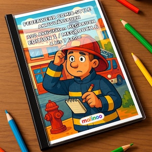Könnte beinhalten: Ein spiralgebundenes Aktivitätsbuch mit dem Titel FEUERWEHR COMIC-STYLE AKTIVITÄTSBUCH 100 Aktivitäten MEGABUCH EDITION 1 / MEGABUCH 6 4 bis 7 Jahre, das einen Feuerwehrmann mit rotem Helm und Notizblock zeigt.