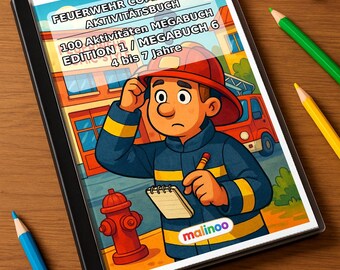 Könnte beinhalten: Ein spiralgebundenes Aktivitätsbuch mit dem Titel FEUERWEHR COMIC-STYLE AKTIVITÄTSBUCH 100 Aktivitäten MEGABUCH EDITION 1 / MEGABUCH 6 4 bis 7 Jahre, das einen Feuerwehrmann mit rotem Helm und Notizblock zeigt.