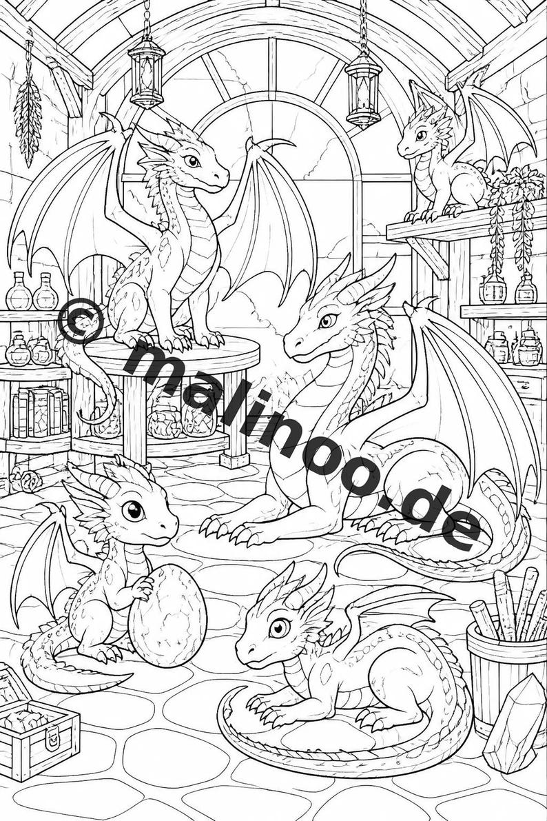 Drachen Malbuch Kinder – 100 Ausmalbilder – PDF Download E1/B1 (DIN-A4) – Geschenk, Beschäftigung, Adventskalender, Geburtstag Bild 6