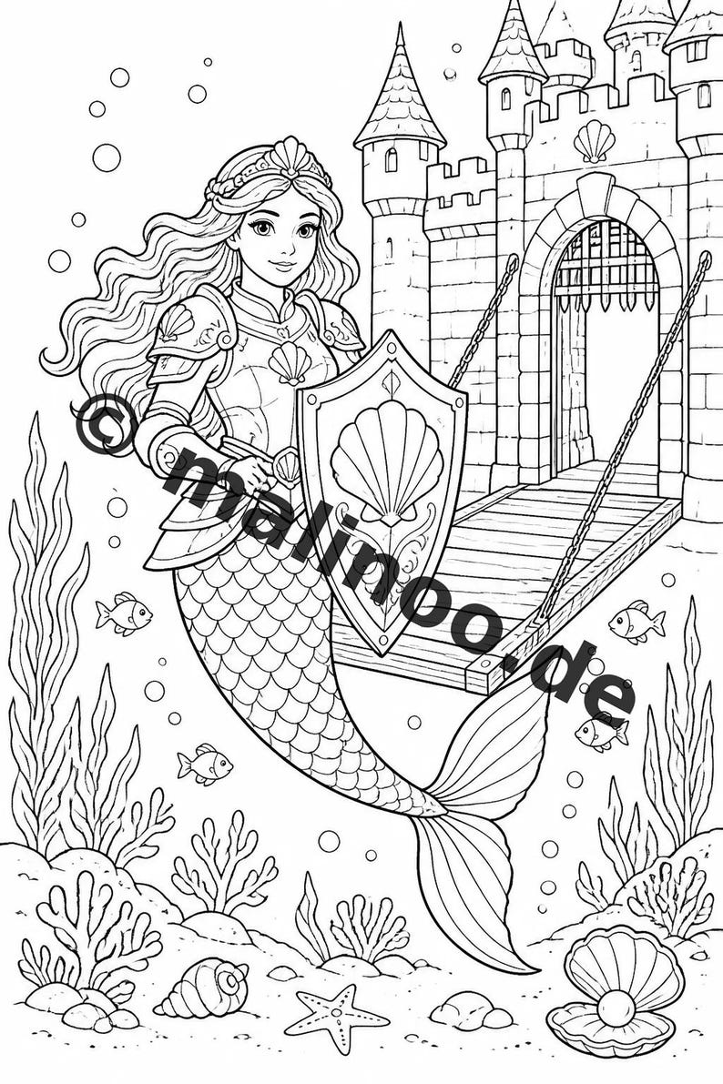 Libro para colorear de sirenas para niños – 100 páginas para colorear – Descarga en PDF E1/B4 (DIN-A4) – Regalo, actividad, calendario de adviento, cumpleaños imagen 6