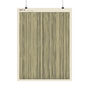 May include: A rectangular wall poster featuring a beige border and a central graphic of vertical, textured lines in shades of olive green, tan, and dark gray. The text GPT-2 and position embeddings are printed in black in the top left corner.