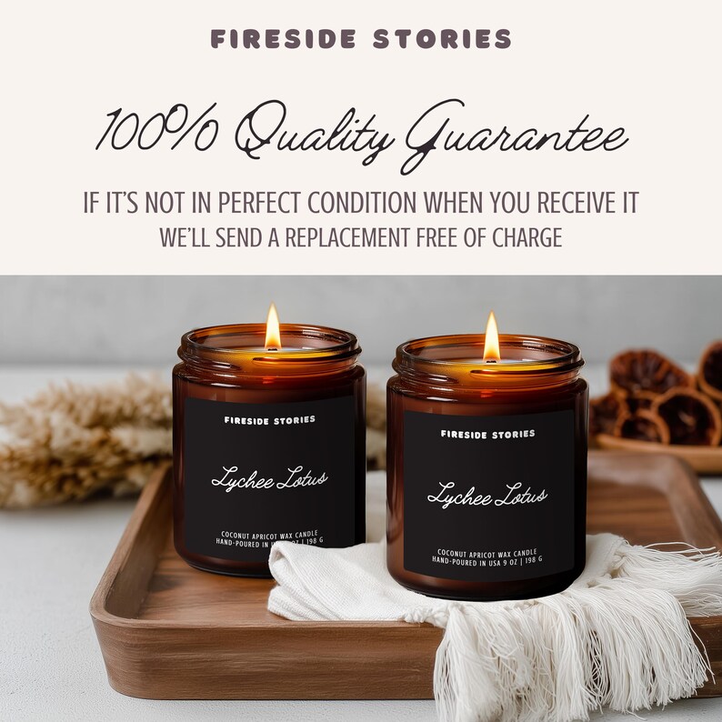 May include: Two amber glass jar candles with black labels reading Fireside Stories and Lychee Lotus. The labels state Coconut Apricot Wax Candle, Hand-Poured in USA, 9 oz, 198 g. Each candle has a lit wick. Text above reads 100% Quality Guarantee.