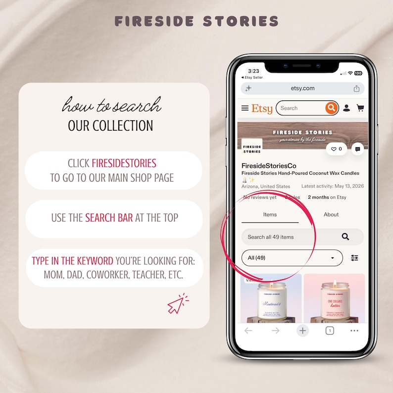 Pode incluir: Uma tela de smartphone exibindo a p&aacute;gina da loja Etsy da FiresideStoriesCo, com uma barra de pesquisa e listagens de produtos. &Agrave; esquerda, instru&ccedil;&otilde;es de texto orientam os usu&aacute;rios sobre como pesquisar na cole&ccedil;&atilde;o e usar a barra.