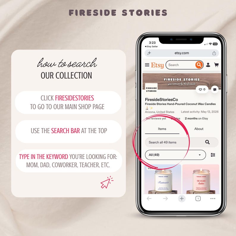 May include: A smartphone screen displaying the Etsy shop page for FiresideStoriesCo, featuring a search bar and product listings. To the left, text instructions guide users on how to search the collection by clicking the shop name and using the search bar.