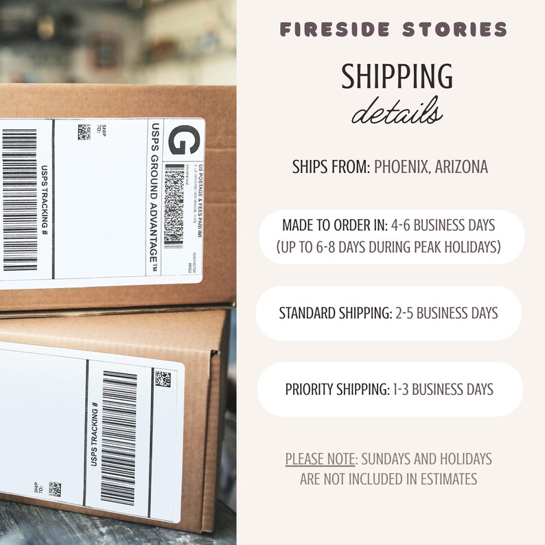 Pode incluir: Duas caixas de envio de papel&atilde;o marrom empilhadas com etiquetas adesivas brancas contendo c&oacute;digos de barras pretos e o texto USPS Ground Advantage. &Agrave; direita, o texto FIRESIDE STORIES seguido por detalhes de envio.