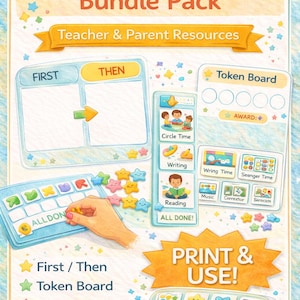 May include: A visual schedule bundle pack with the text "Visual Schedule Bundle Pack" and "Teacher & Parent Resources." Includes a "First/Then" board, token board, icons, and parent guides. The image features colorful star accents and the words "Print & Use!"
