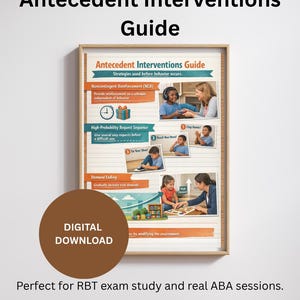 May include: A framed "Antecedent Interventions Guide" poster with text and illustrations. The guide includes sections on Noncontingent Reinforcement, High-Probability Request Sequence, and Demand Fading. A brown circle with "DIGITAL DOWNLOAD" is in the lower left.