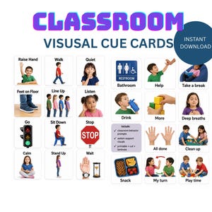Op de afbeelding: Een verzameling visuele klaslokaalkaarten met diverse illustraties en foto's van kinderen die acties uitvoeren, samen met tekstlabels zoals Raise Hand, Walk, Quiet, Bathroom, Help, Take a break, Drink, More en Deep breaths.