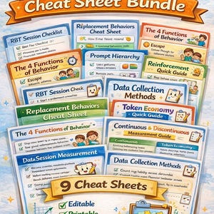 Könnte beinhalten: Bunte Illustration eines ABA-Cheat-Sheet-Bundles mit 9 Blättern. Das Bundle enthält Checklisten, Anleitungen und Methoden zur Verhaltensanalyse. Das Bild zeigt einen Bleistift, eine Schatzkiste und den Text "Editable, Printable, Easy-to-Read".