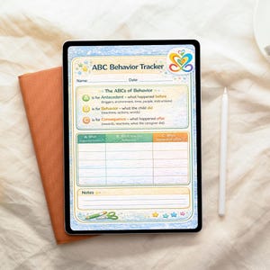 May include: A digital tablet displaying an "ABC Behavior Tracker" with sections for Antecedent, Behavior, and Consequence. The tracker includes space for notes and is accompanied by a white stylus and a small orange notebook.
