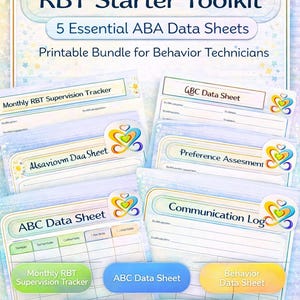Könnte beinhalten: Ein Bundle druckbarer ABA-Datenblätter für Verhaltenstechniker. Das Bild zeigt mehrere Blätter mit Titeln wie "Monthly RBT Supervision Tracker" und "ABC Data Sheet". Farbige Etiketten mit Text wie "Preference Assessment" sind ebenfalls zu sehen.