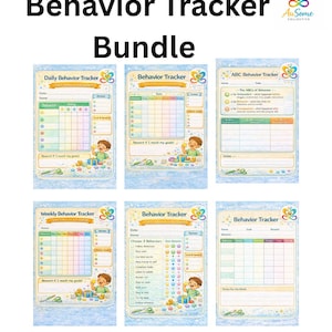 May include: A set of behaviour tracker sheets with the text "Behavior Tracker Bundle." The sheets include daily, weekly, and ABC trackers, with spaces for notes, goals, and rewards. Each sheet has a cartoon illustration of a child.