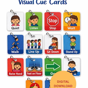 May include: A set of colorful classroom visual cue cards with keyrings. Each card features a child and a directive such as "Quiet", "Listen", "Stop", "Wait", "Walk", "Line Up", "Sit Down", "Stand Up", "Raise Hand", "Feet on Floor", "Go", and "Calm".