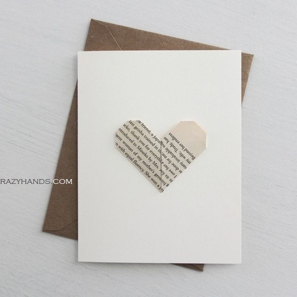 origami love card || heart wedding card || anniversary card ||| white card || A2 card with envelope -vintage book heart