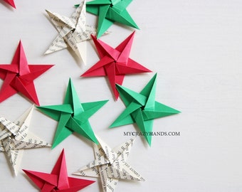 12 origami stars || 2.5'' Christmas stars ||| Christmas tree ornaments -red green book