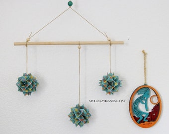 origami geometric mobile | origami wall hanging | living room decoration | origami kusudama mobile  -teal dots