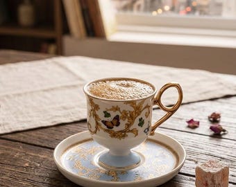 Turkish Coffee Cup Set, Porcelain Espresso Cups with Gold Detailing
