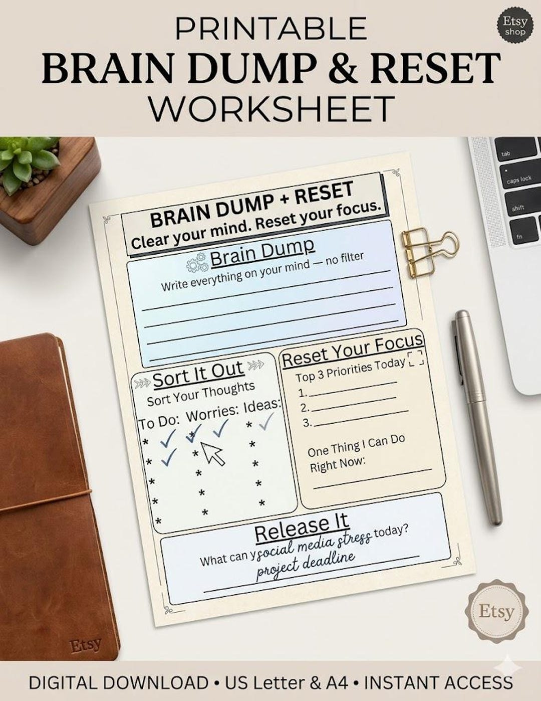 Brain Dump + Reset Printable | Mental Clarity Worksheet | Overwhelmed ...